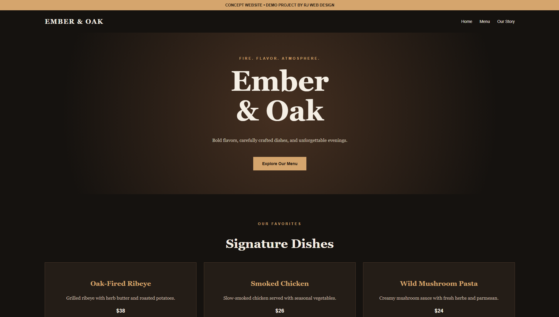 Ember and Oak restaurant website preview